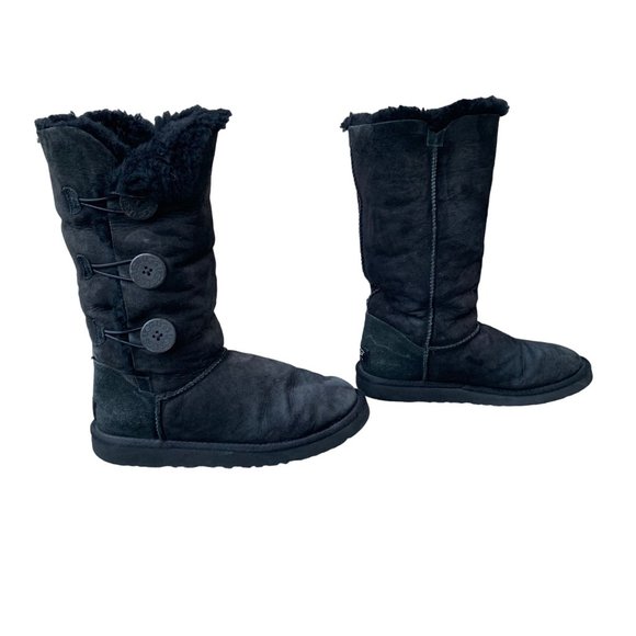 UGG AUSTRALIA Bailey Button Boots Womens 7 38 Black Shearling Tall Boot VGUC - Picture 1 of 13